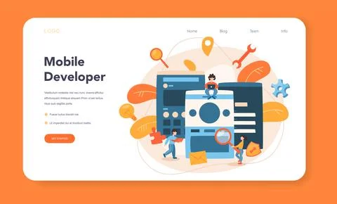 Mobile app development web banner or landing page Stock Illustration