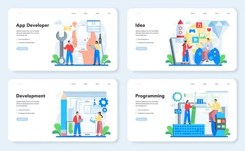 Mobile app development web banner or landing page set. Modern technology Stock Illustration
