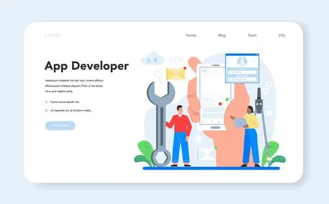 Mobile app development web banner or landing page. Modern technology Stock Illustration