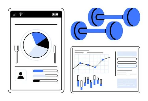 Mobile app displaying a diet chart, dumbbells, and analytical data graph with 스톡 일러스트
