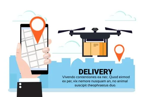 Mobile app drone flying deo tag delivery air package shipment carry quadrocopter Stock Illustration