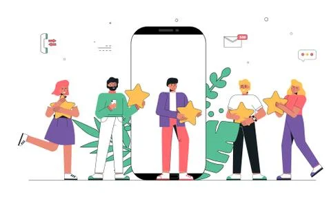 Mobile app feedback, people holding five stars in hands.Customer reviews concept Stock Illustration