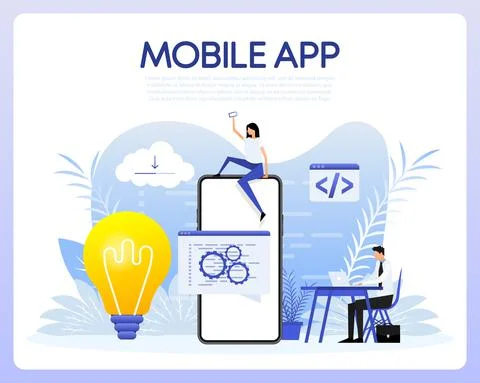 Mobile app with flat style people. Flat banner. Social media app. Vector design Stockillustratie