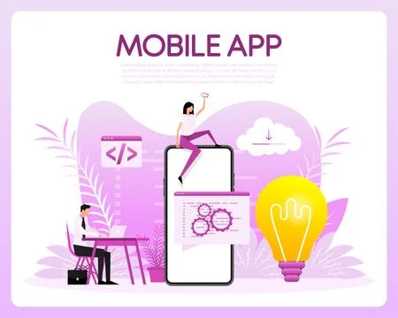 Mobile app with flat style people. Flat banner. Social media app. Vector design Stock Illustration