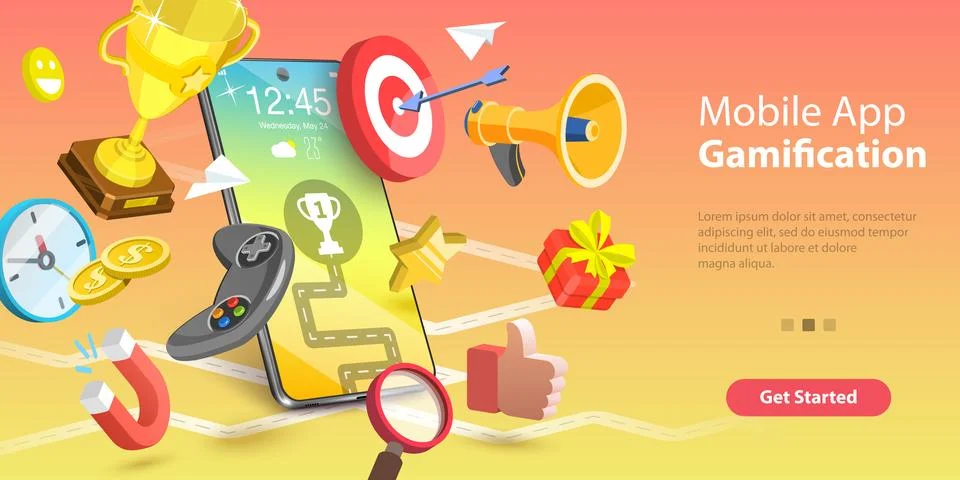 Mobile App Gamification, Interactive Content For Audience Engaging. Stock Illustration