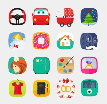 Mobile app icons set flat style, web user interface design Stock Illustration