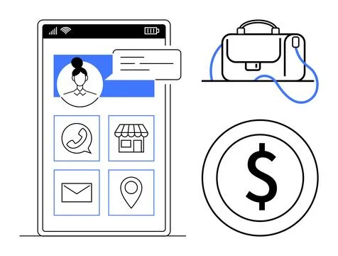 Mobile App Interface with Communication, Business, and Financial Icons for .. 스톡 일러스트
