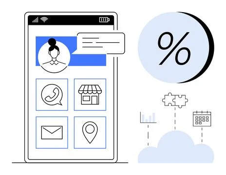 Mobile App Interface with Communication, Shopping, and Location Icons Highl.. Stock Illustration