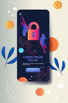 Mobile app interface with hands holding padlock digital security concept leaves Stock Illustration