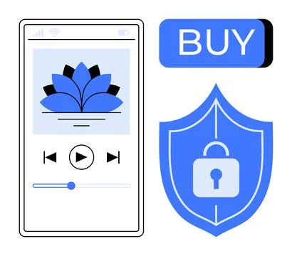 Mobile App Interface with Music Player, Secure Shield, and Buy Button Illustrazione stock