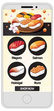 Mobile App Interface for Ordering Fresh Japanese Sushi and Nigiri Stock Illustration