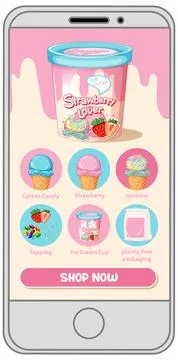 Mobile App Interface for Ordering Strawberry Ice Cream and Toppings Stock Illustration