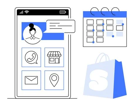 Mobile App Interface with User Profile, Calendar, and Shopping Elements Stock Illustration