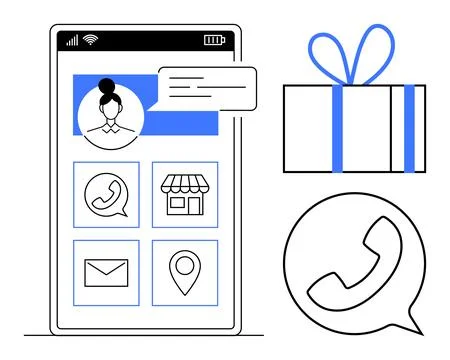 Mobile App Interface with User Profile, Communication Icons, and Gift Box I.. Stock Illustration