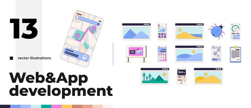 Mobile app interfaces and web browser windows 2D cartoon clip art pack イラスト素材