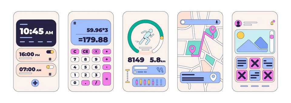 Mobile app interfaces for everyday digital utility 2D cartoon clip art set Stock Illustration