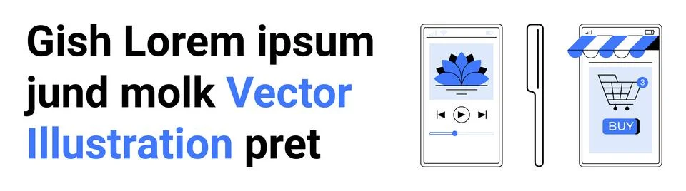 Mobile App Interfaces for Multimedia and Shopping with Play and Buy Buttons Illustrazione stock