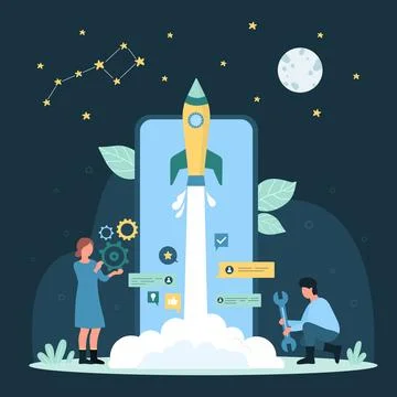 Mobile app launch and development of smartphone application dark concept Stock Illustration