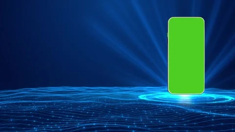 Mobile app mockup green screen visual with glowing blue stage, network grid floo Stock Footage 340550464