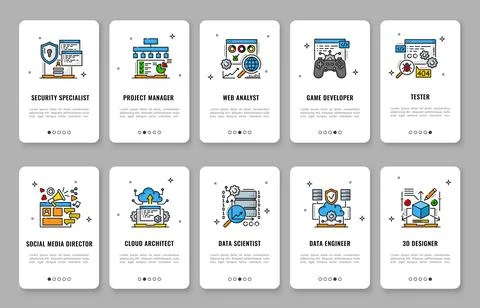 Mobile app onboarding screen with IT specialists イラスト素材