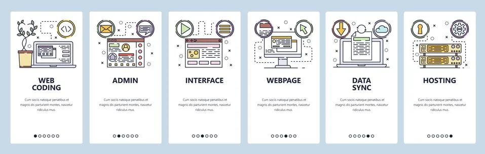 Mobile app onboarding screens. Coding, software development, data sync and cloud Stock Illustration