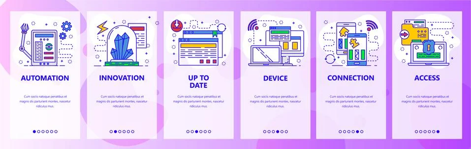 Mobile app onboarding screens. Computer services, hardware and robot automation Stock Illustration