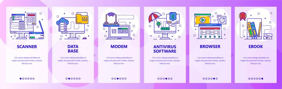 Mobile app onboarding screens. Computer hardware, router, printer, antivirus Stock Illustration