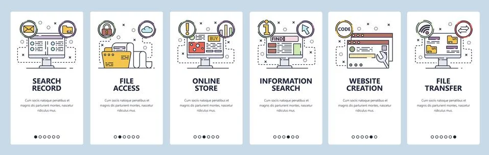 Mobile app onboarding screens. Computer technology, information search, file 스톡 일러스트