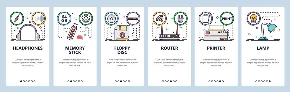 Mobile app onboarding screens. Computer hardware and electronics, wireless 스톡 일러스트