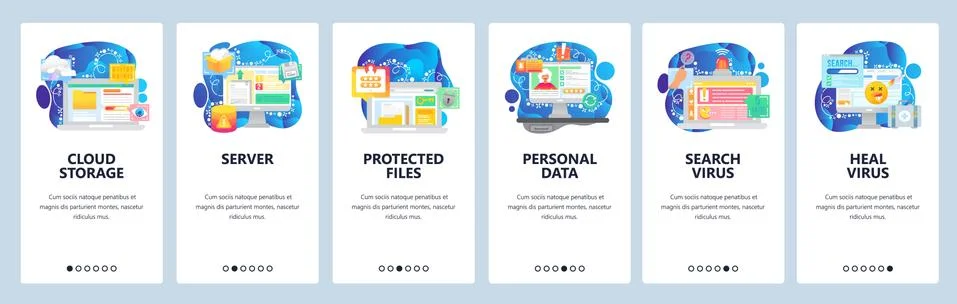 Mobile app onboarding screens. Computer technology, cloud storage, personal data Illustrazione stock