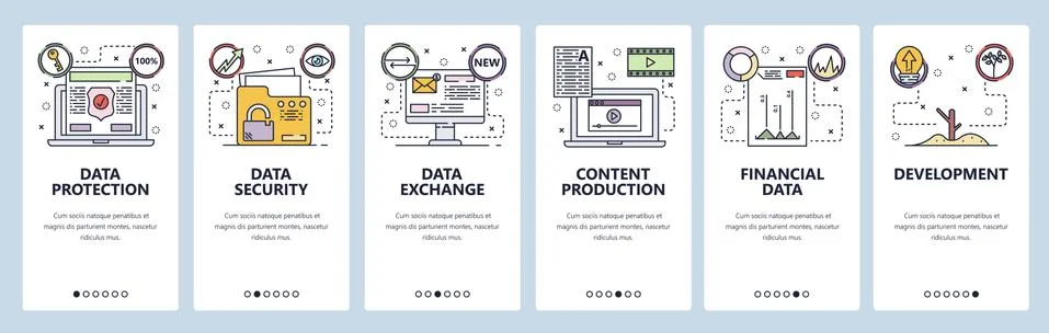 Mobile app onboarding screens. Data protection and cyber security, financial Illustrazione stock