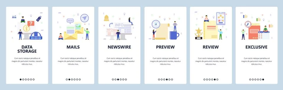 Mobile app onboarding screens. Data storage, technology, email, news. Menu Stock Illustration