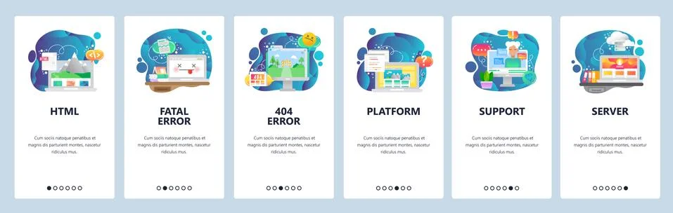 Mobile app onboarding screens. Software and web development, coding, 404 error Stock-Illustration