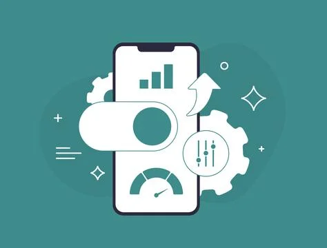 Mobile app optimization concept with AI sliders, analytics dashboard, speed Stock Illustration