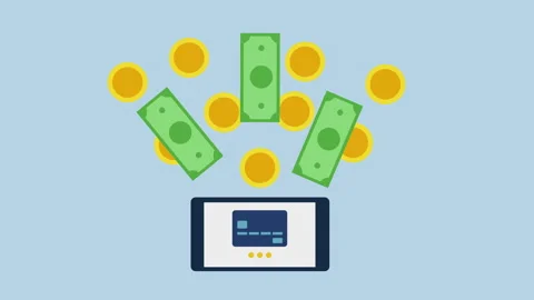 Mobile app processing online payment with cash money 2d with Alpha Matte Stock Footage 335800750