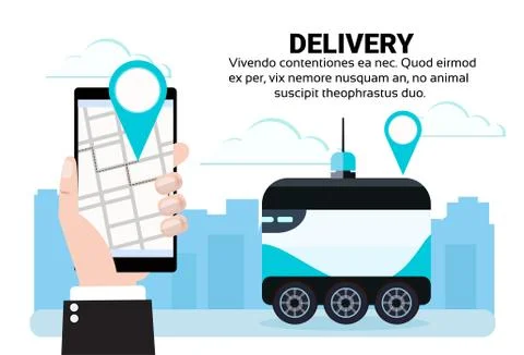Mobile app robot self drive fast delivery goods navigation map app in city car 스톡 일러스트