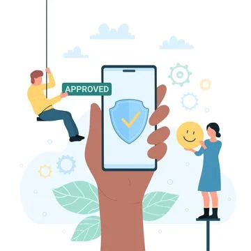 Mobile app safety technology, data protection in phone, shield on screen and Stock Illustration
