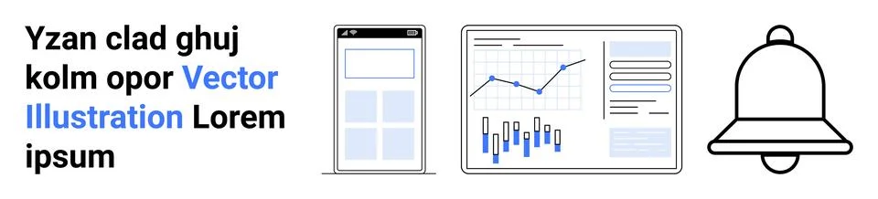 Mobile app screen, data analytics chart, and notification bell. Ideal for tec Stock Illustration