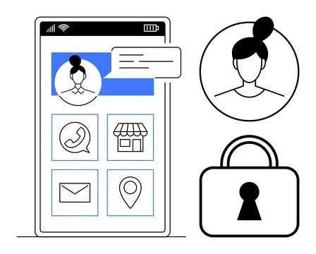 Mobile app screen displaying user profile picture, message notification, and  Stock Illustration