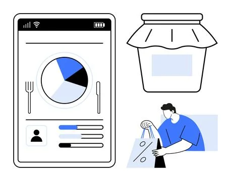 Mobile app screen with pie chart showing food data, man holding shopping bags 库存插图