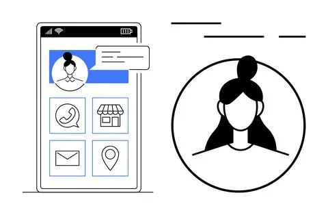Mobile app screen with profile icon, chat bubble, contact options including c Stock Illustration