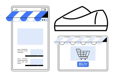 Mobile app screen with storefront graphics, shopping cart, and shoe icon. Ide Stock Illustration