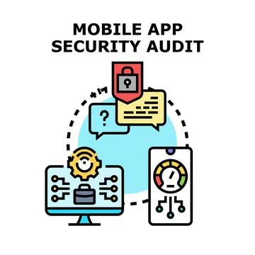Mobile app security audit performing data protection review Stock Illustration