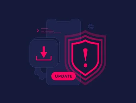 Mobile app security update with warning shield icon and app download button Stock Illustration