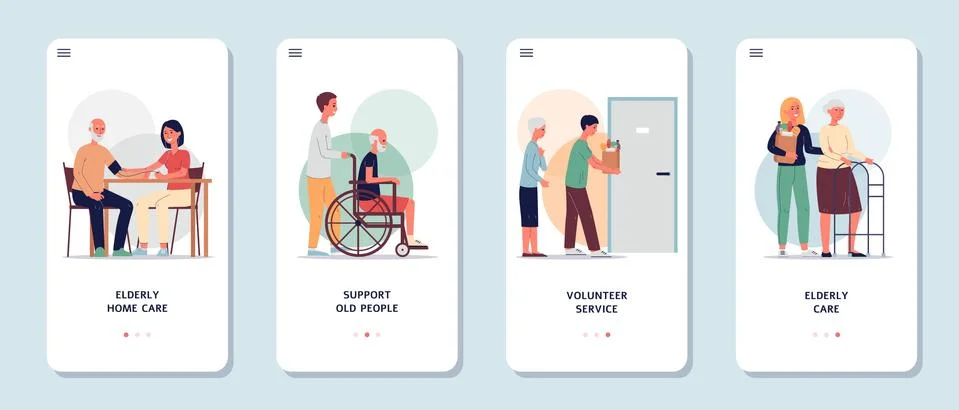 Mobile app set of services supporting elderly people, flat vector illustration. Stock Illustration