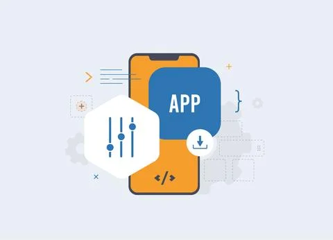 Mobile app setup process with smartphone application builder tools. Mobile app Stockillustratie