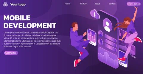 Mobile app. Smartphone software development landing page. Isometric digital p Stock Illustration