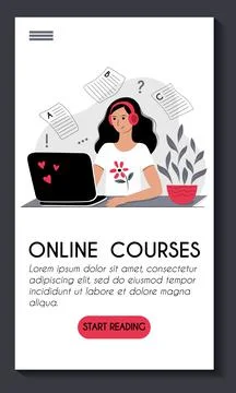 Mobile app template. Online training language course e learning. Young cute w Stock Illustration