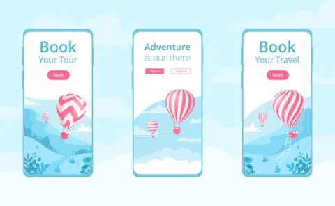 Mobile app template set with hot air balloons Stock Illustration