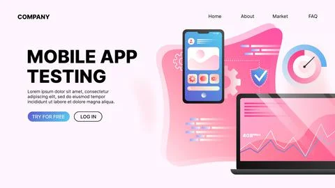 Mobile App Testing. Website Landing Page Template Illustrazione stock
